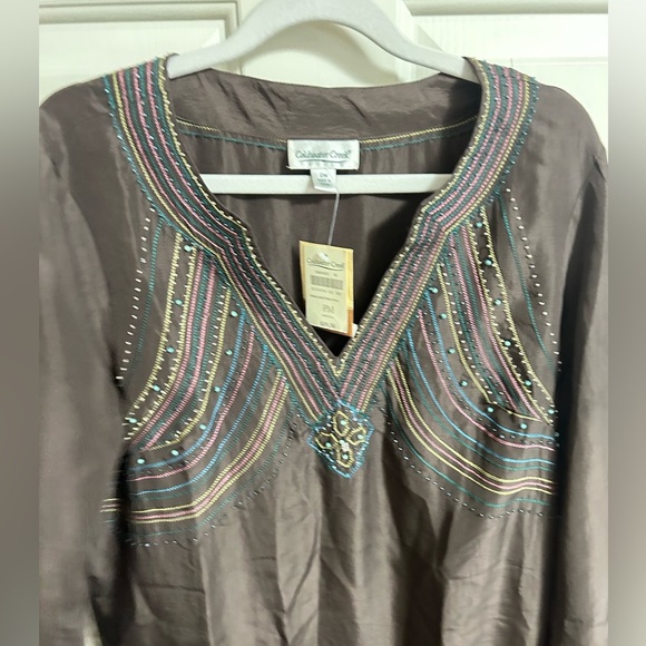 Coldwater Creek Brown 100% Silk Embellished Beaded Trim Tunic Top Size MP - Picture 4 of 7